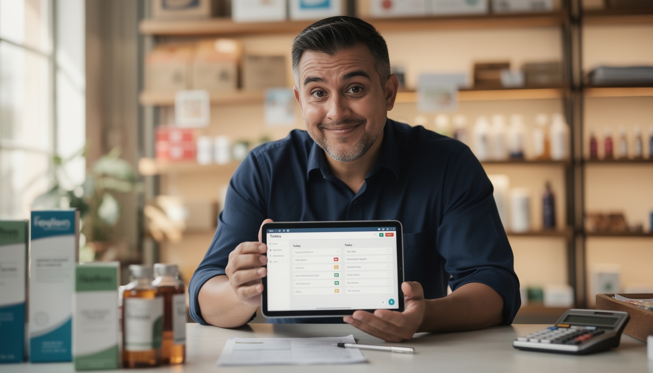 Propietario de pequeño negocio organizando flujo de trabajo digital en tableta